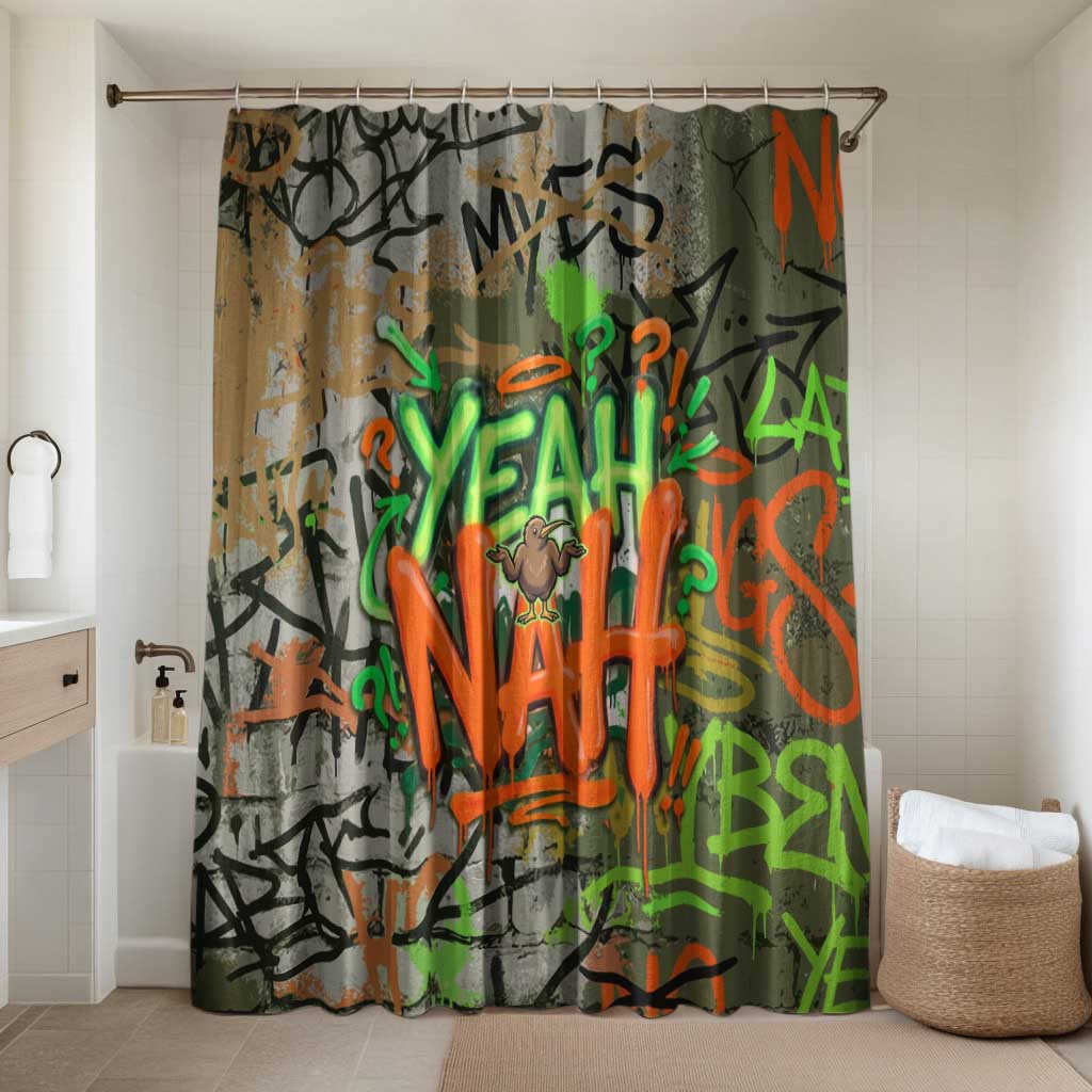 Yeah Nah Graffiti Skull New Zealand Slang Bathroom Set Kiwi Grunge Brick Wall and Bold Urban Street Art TS04 Shower Curtain Only Multicolor - Polynesian Pride