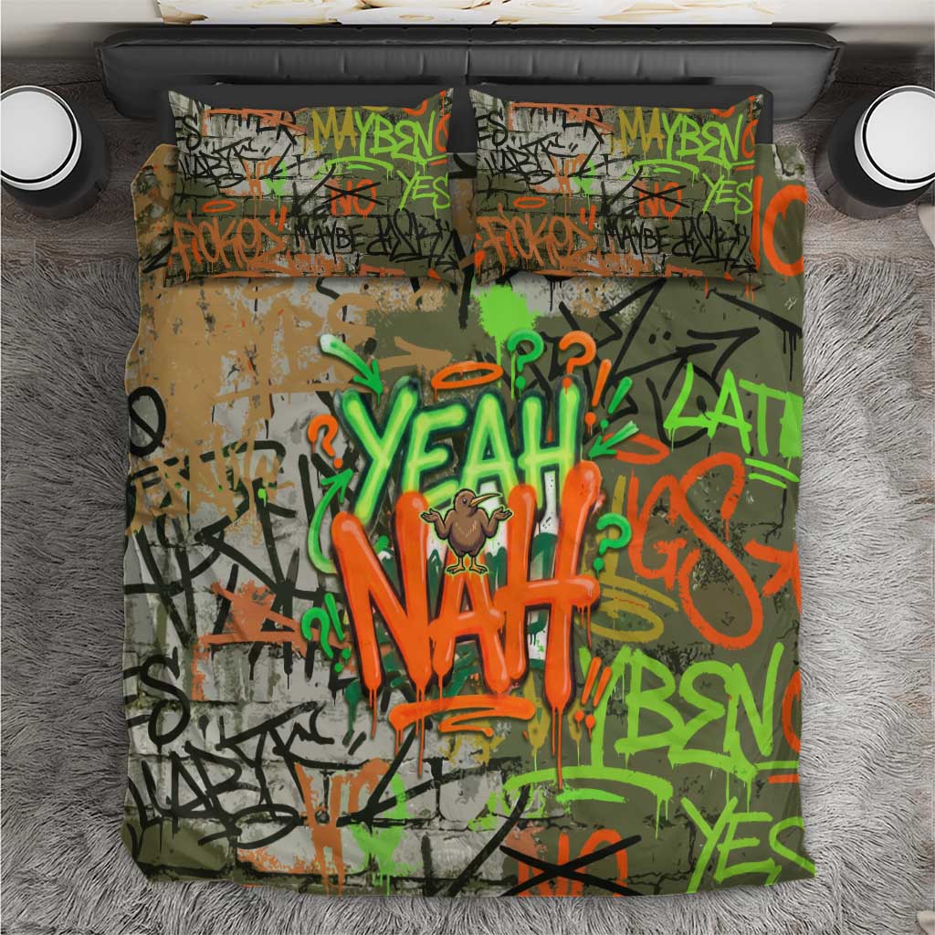Yeah Nah Graffiti Skull New Zealand Slang Bedding Set Kiwi Grunge Brick Wall and Bold Urban Street Art TS04 Multicolor - Polynesian Pride