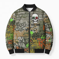 Yeah Nah Graffiti Skull New Zealand Slang Bomber Puffer Jacket Kiwi Grunge Brick Wall and Bold Urban Street Art TS04 Unisex Multicolor - Polynesian Pride