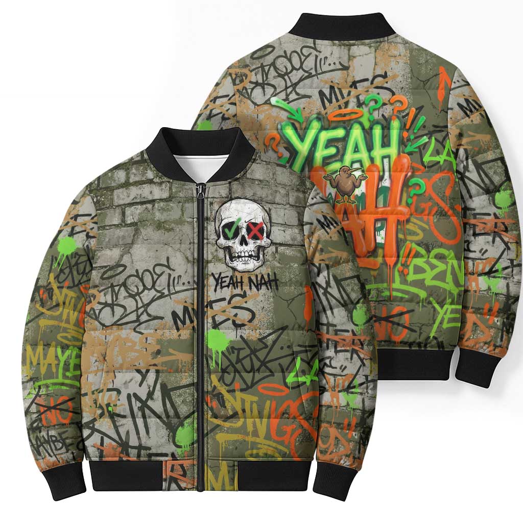 Yeah Nah Graffiti Skull New Zealand Slang Bomber Puffer Jacket Kiwi Grunge Brick Wall and Bold Urban Street Art TS04 - Polynesian Pride