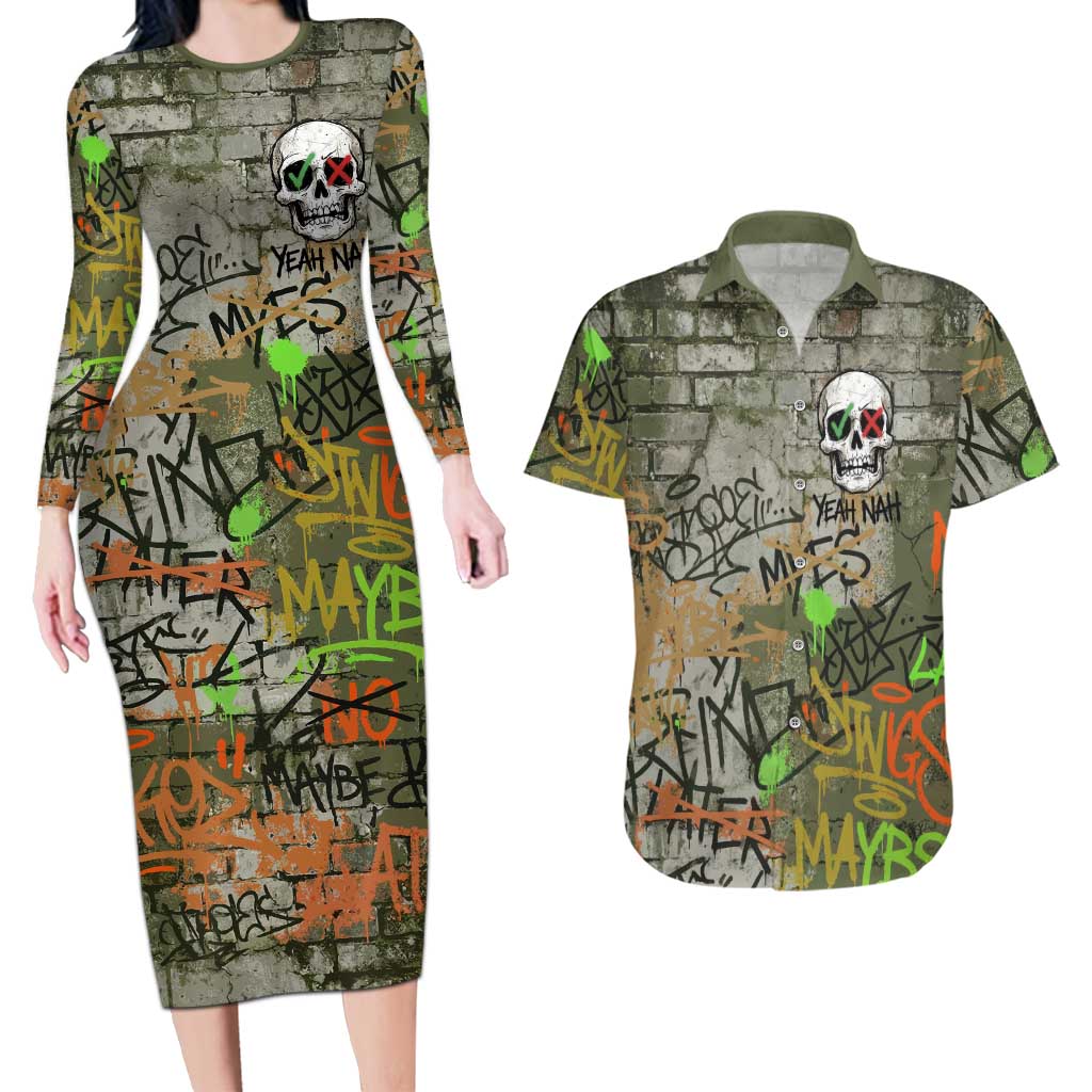 Yeah Nah Graffiti Skull New Zealand Slang Couples Matching Long Sleeve Bodycon Dress and Hawaiian Shirt Kiwi Grunge Brick Wall and Bold Urban Street Art