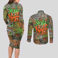 Yeah Nah Graffiti Skull New Zealand Slang Couples Matching Long Sleeve Bodycon Dress and Long Sleeve Button Shirt Kiwi Grunge Brick Wall and Bold Urban Street Art TS04 - Polynesian Pride