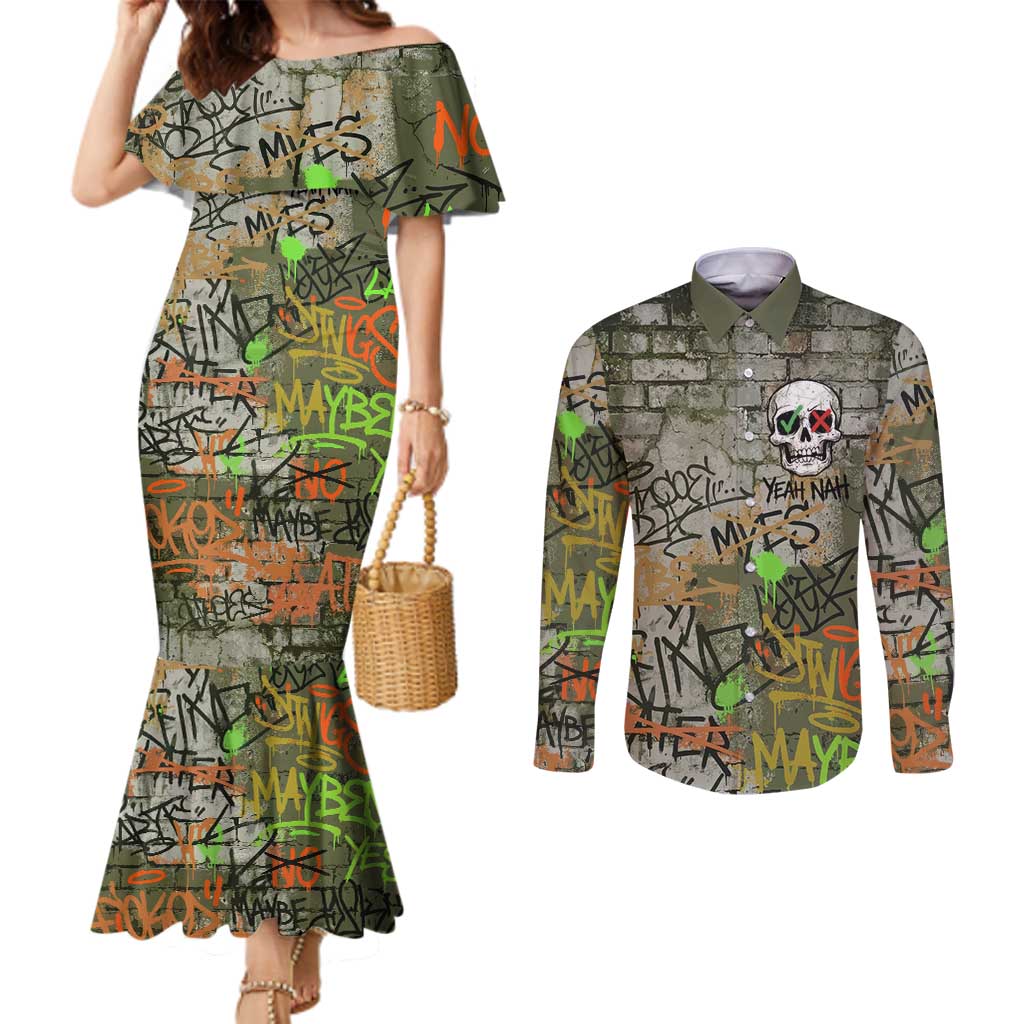 Yeah Nah Graffiti Skull New Zealand Slang Couples Matching Mermaid Dress and Long Sleeve Button Shirt Kiwi Grunge Brick Wall and Bold Urban Street Art TS04 Multicolor - Polynesian Pride