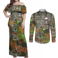 Yeah Nah Graffiti Skull New Zealand Slang Couples Matching Off Shoulder Maxi Dress and Long Sleeve Button Shirt Kiwi Grunge Brick Wall and Bold Urban Street Art TS04 Multicolor - Polynesian Pride