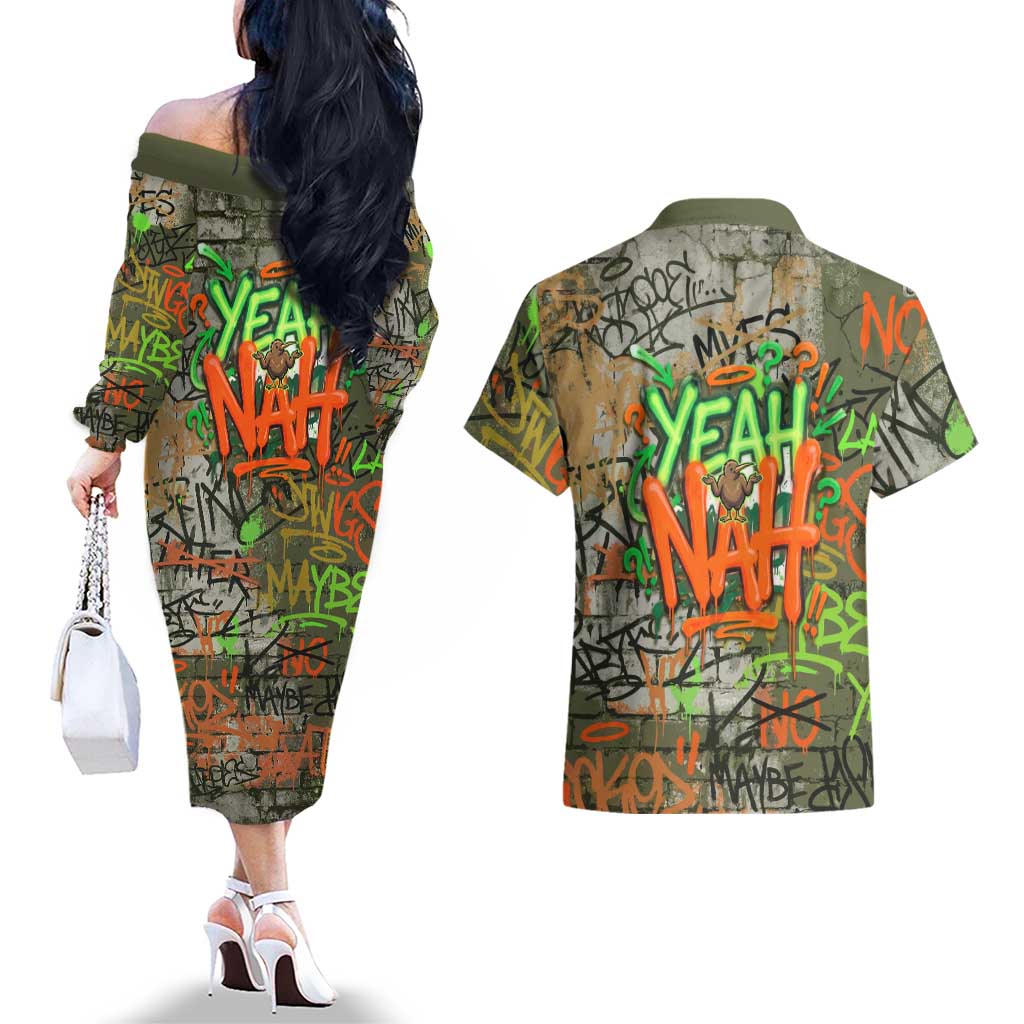 Yeah Nah Graffiti Skull New Zealand Slang Couples Matching Off The Shoulder Long Sleeve Dress and Hawaiian Shirt Kiwi Grunge Brick Wall and Bold Urban Street Art TS04 - Polynesian Pride