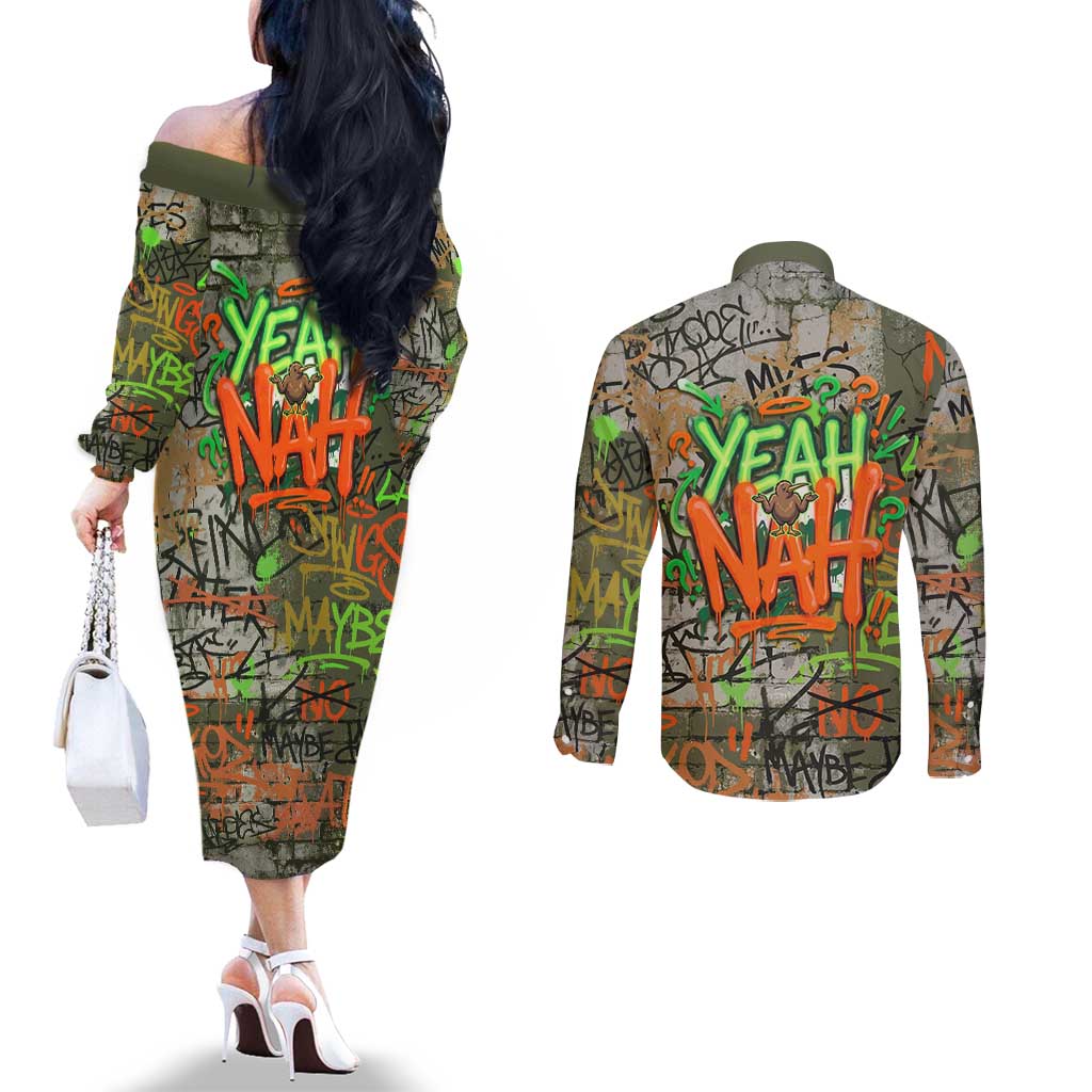 Yeah Nah Graffiti Skull New Zealand Slang Couples Matching Off The Shoulder Long Sleeve Dress and Long Sleeve Button Shirt Kiwi Grunge Brick Wall and Bold Urban Street Art TS04 - Polynesian Pride