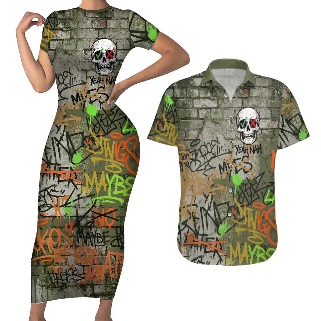 Yeah Nah Graffiti Skull New Zealand Slang Couples Matching Short Sleeve Bodycon Dress and Hawaiian Shirt Kiwi Grunge Brick Wall and Bold Urban Street Art TS04 Multicolor - Polynesian Pride