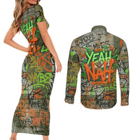 Yeah Nah Graffiti Skull New Zealand Slang Couples Matching Short Sleeve Bodycon Dress and Long Sleeve Button Shirt Kiwi Grunge Brick Wall and Bold Urban Street Art TS04 - Polynesian Pride