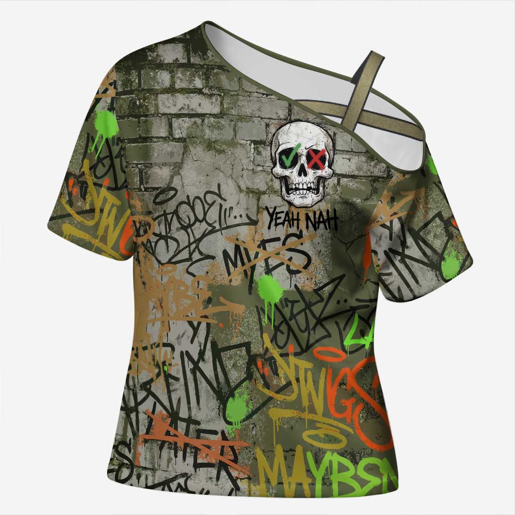 Yeah Nah Graffiti Skull New Zealand Slang Cross Shoulder Shirt Kiwi Grunge Brick Wall and Bold Urban Street Art