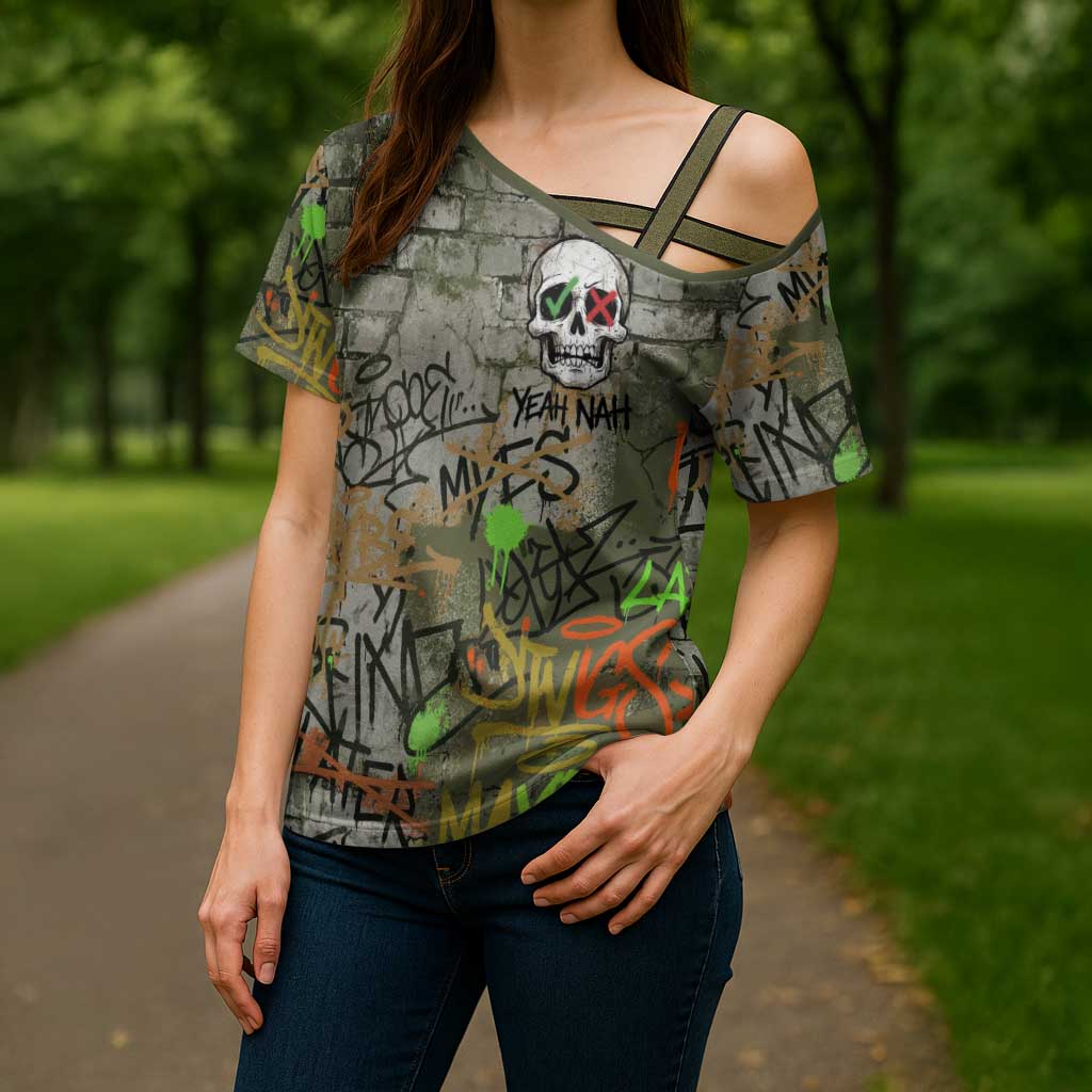 Yeah Nah Graffiti Skull New Zealand Slang Cross Shoulder Shirt Kiwi Grunge Brick Wall and Bold Urban Street Art TS04 - Polynesian Pride
