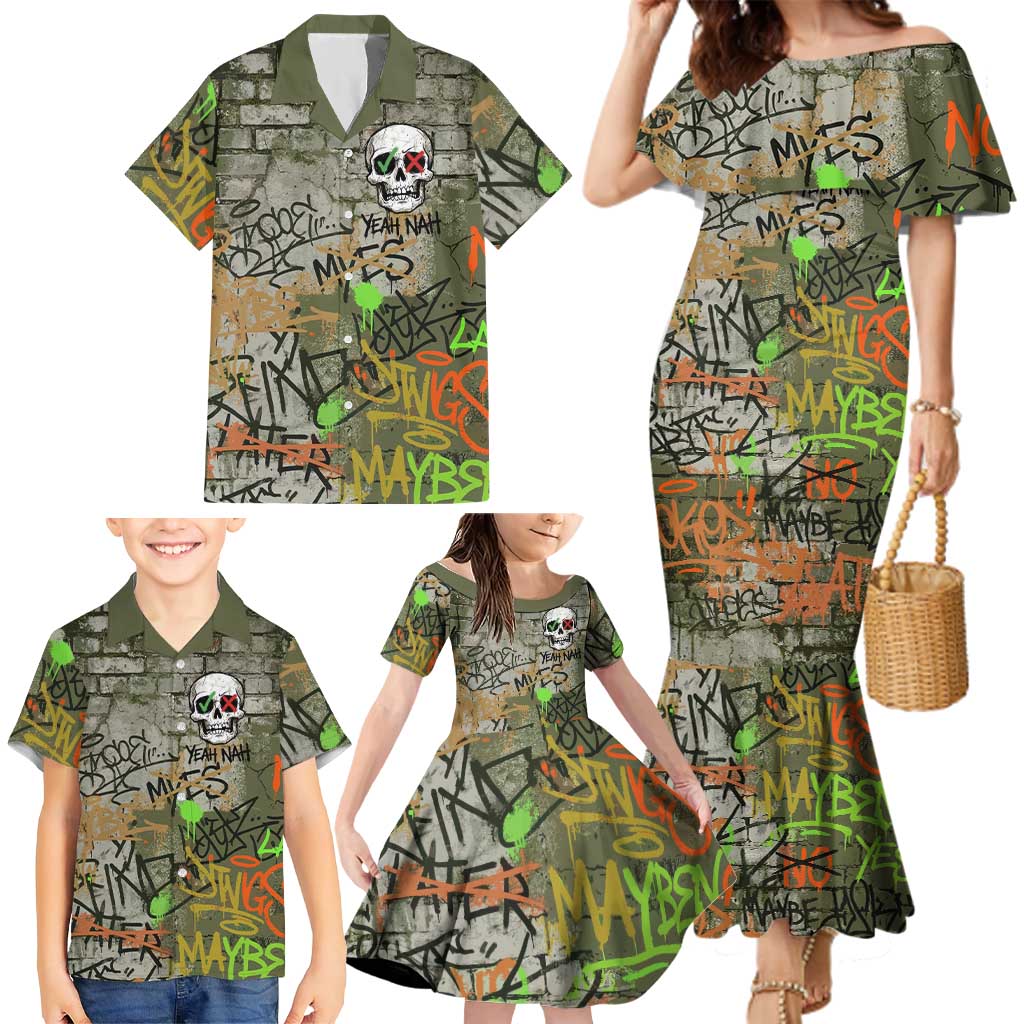 Yeah Nah Graffiti Skull New Zealand Slang Family Matching Mermaid Dress and Hawaiian Shirt Kiwi Grunge Brick Wall and Bold Urban Street Art TS04 - Polynesian Pride
