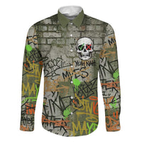 Yeah Nah Graffiti Skull New Zealand Slang Family Matching Off Shoulder Maxi Dress and Hawaiian Shirt Kiwi Grunge Brick Wall and Bold Urban Street Art TS04 Dad's Shirt - Long Sleeve Multicolor - Polynesian Pride