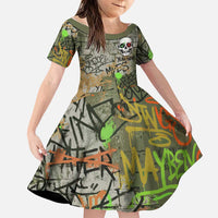 Yeah Nah Graffiti Skull New Zealand Slang Family Matching Puletasi and Hawaiian Shirt Kiwi Grunge Brick Wall and Bold Urban Street Art TS04 Daughter's Dress Multicolor - Polynesian Pride