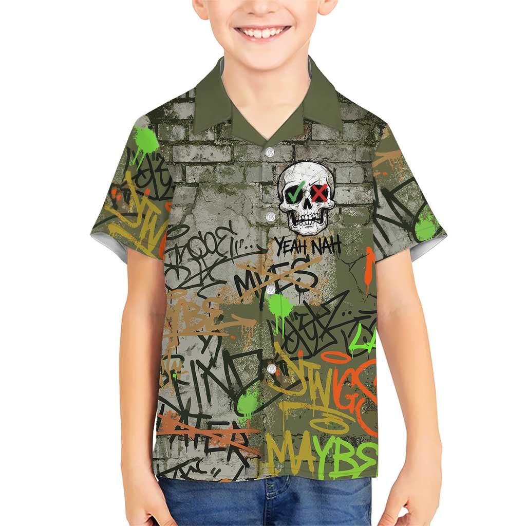 Yeah Nah Graffiti Skull New Zealand Slang Family Matching Puletasi and Hawaiian Shirt Kiwi Grunge Brick Wall and Bold Urban Street Art TS04 Son's Shirt Multicolor - Polynesian Pride