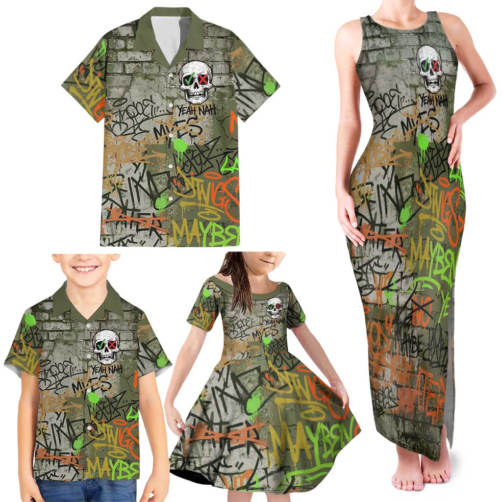 Yeah Nah Graffiti Skull New Zealand Slang Family Matching Tank Maxi Dress and Hawaiian Shirt Kiwi Grunge Brick Wall and Bold Urban Street Art
