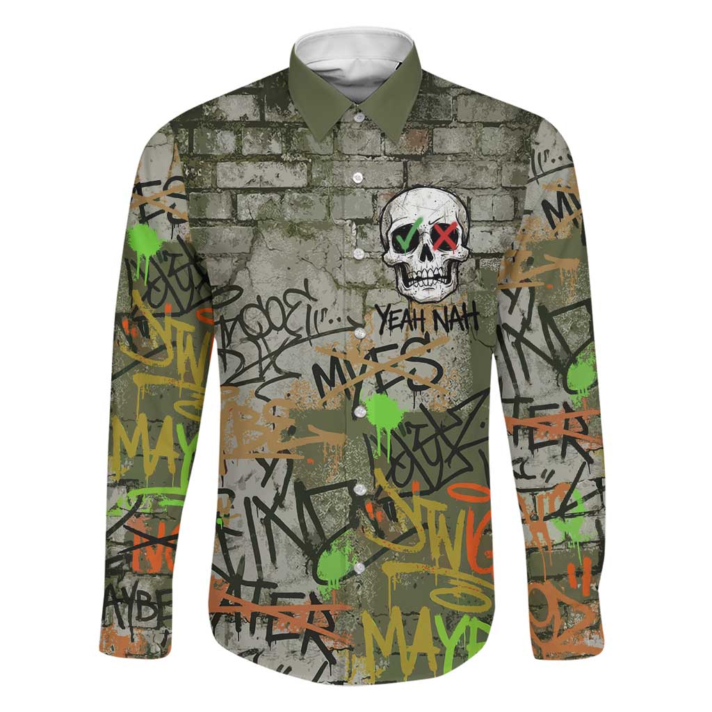 Yeah Nah Graffiti Skull New Zealand Slang Family Matching Tank Maxi Dress and Hawaiian Shirt Kiwi Grunge Brick Wall and Bold Urban Street Art TS04 Dad's Shirt - Long Sleeve Multicolor - Polynesian Pride