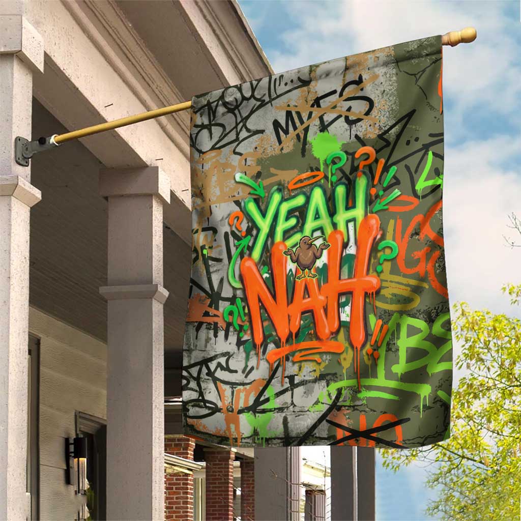 Yeah Nah Graffiti Skull New Zealand Slang Garden Flag Kiwi Grunge Brick Wall and Bold Urban Street Art
