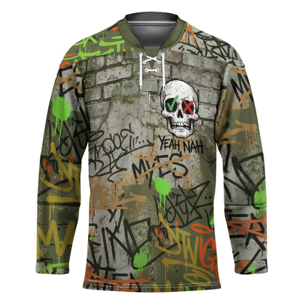 Yeah Nah Graffiti Skull New Zealand Slang Hockey Jersey Kiwi Grunge Brick Wall and Bold Urban Street Art TS04 Unisex Multicolor - Polynesian Pride