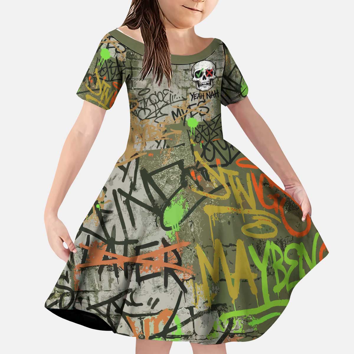 Yeah Nah Graffiti Skull New Zealand Slang Kid Short Sleeve Dress Kiwi Grunge Brick Wall and Bold Urban Street Art TS04 KID Multicolor - Polynesian Pride