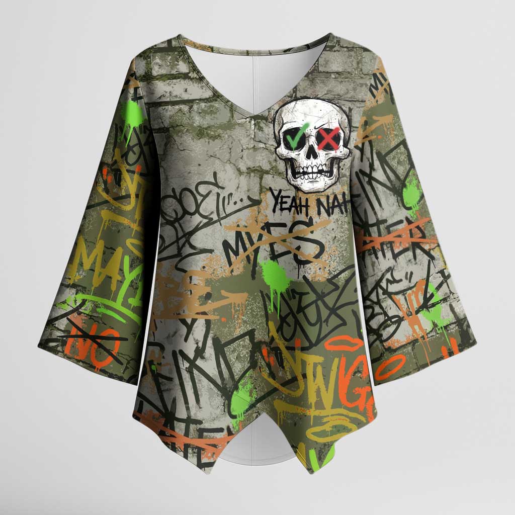 Yeah Nah Graffiti Skull New Zealand Slang Kimono Sleeve Blouse Kiwi Grunge Brick Wall and Bold Urban Street Art TS04 Female Multicolor - Polynesian Pride
