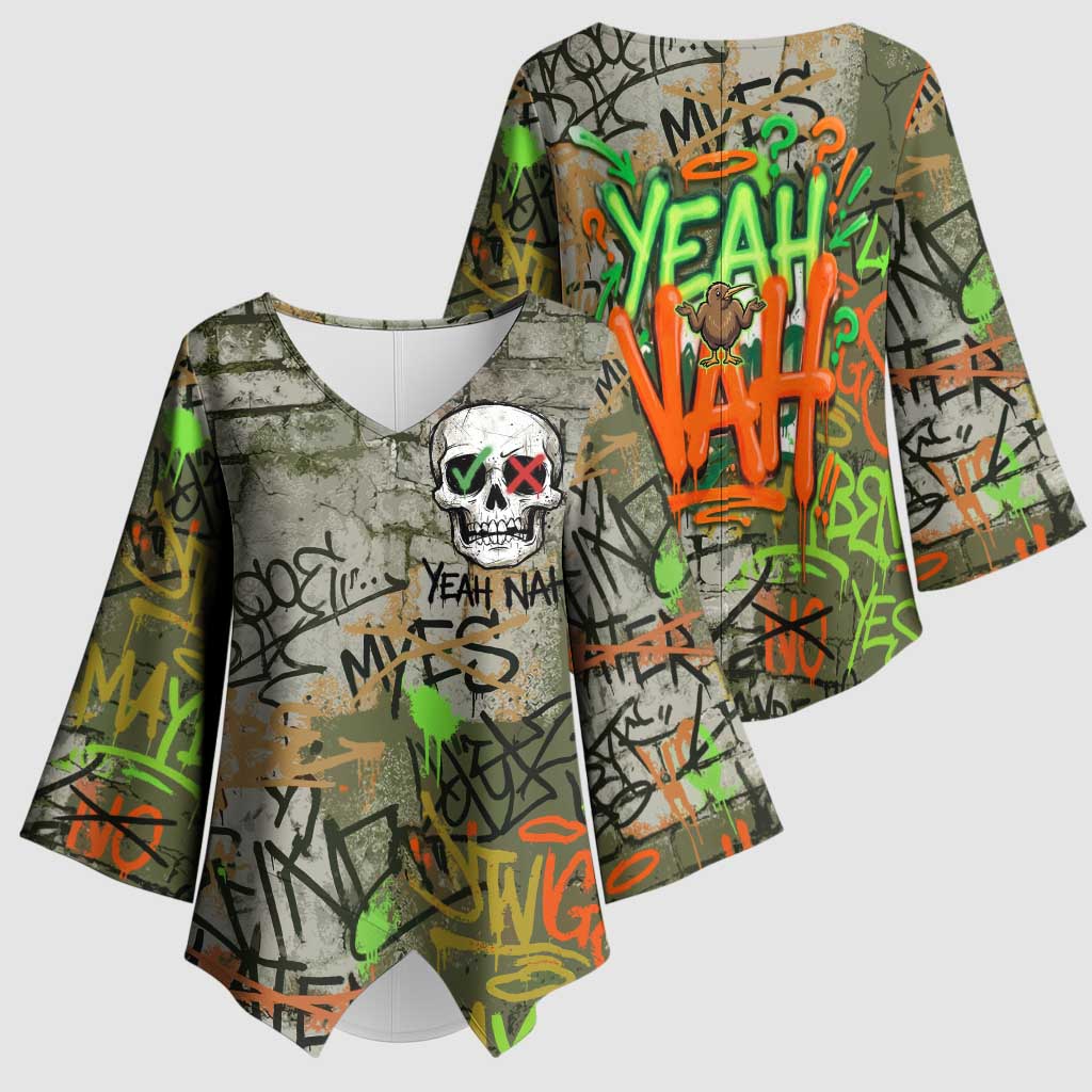 Yeah Nah Graffiti Skull New Zealand Slang Kimono Sleeve Blouse Kiwi Grunge Brick Wall and Bold Urban Street Art TS04 - Polynesian Pride