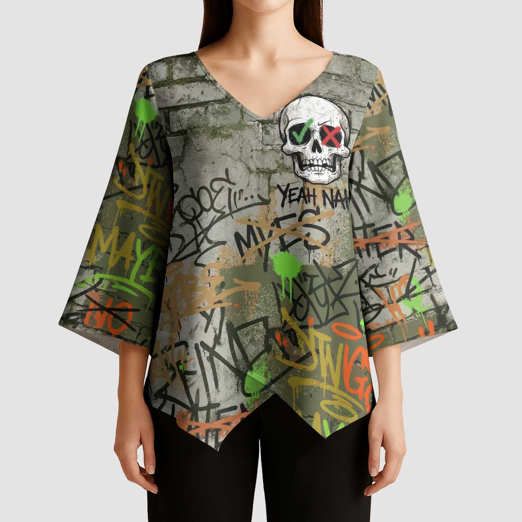 Yeah Nah Graffiti Skull New Zealand Slang Kimono Sleeve Blouse Kiwi Grunge Brick Wall and Bold Urban Street Art TS04 - Polynesian Pride