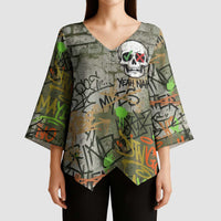 Yeah Nah Graffiti Skull New Zealand Slang Kimono Sleeve Blouse Kiwi Grunge Brick Wall and Bold Urban Street Art TS04 - Polynesian Pride