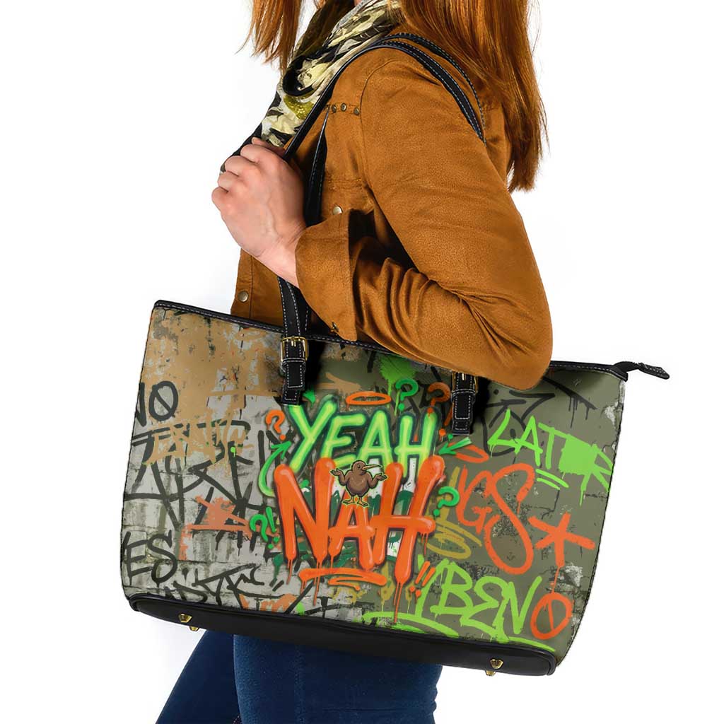 Yeah Nah Graffiti Skull New Zealand Slang Leather Tote Bag Kiwi Grunge Brick Wall and Bold Urban Street Art TS04 Multicolor - Polynesian Pride