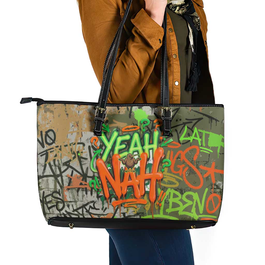 Yeah Nah Graffiti Skull New Zealand Slang Leather Tote Bag Kiwi Grunge Brick Wall and Bold Urban Street Art TS04 - Polynesian Pride