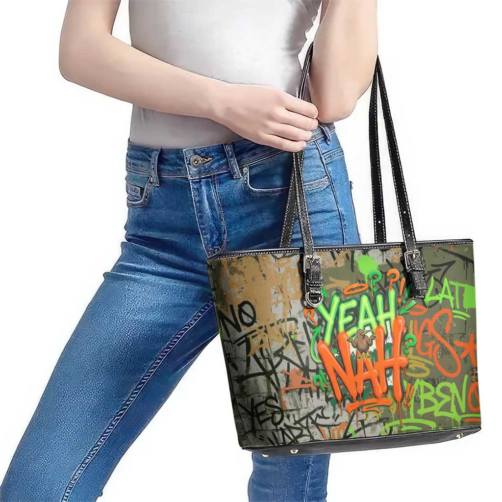 Yeah Nah Graffiti Skull New Zealand Slang Leather Tote Bag Kiwi Grunge Brick Wall and Bold Urban Street Art TS04 - Polynesian Pride