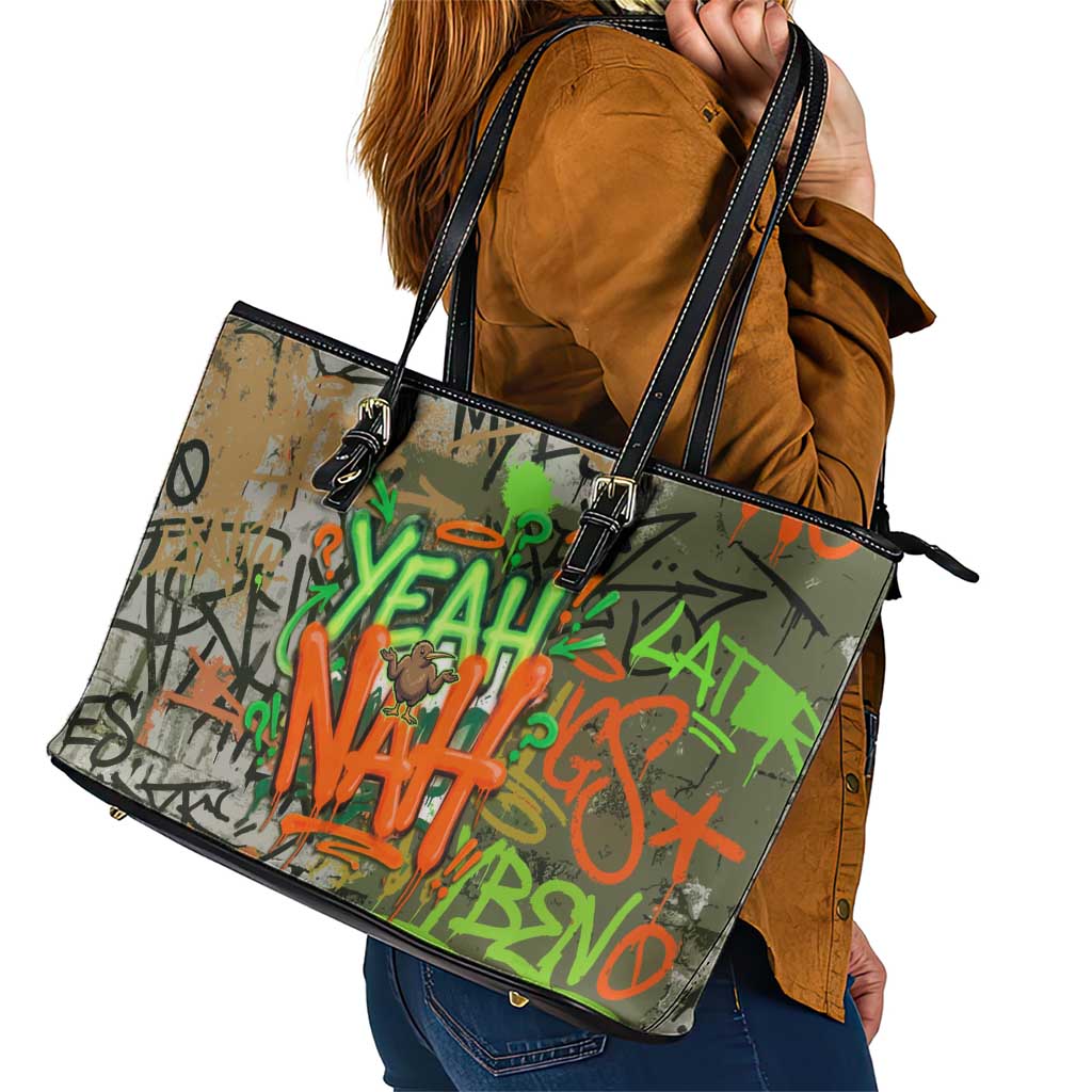 Yeah Nah Graffiti Skull New Zealand Slang Leather Tote Bag Kiwi Grunge Brick Wall and Bold Urban Street Art TS04 - Polynesian Pride
