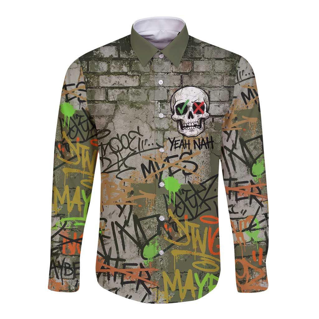 Yeah Nah Graffiti Skull New Zealand Slang Long Sleeve Button Shirt Kiwi Grunge Brick Wall and Bold Urban Street Art TS04 Unisex Multicolor - Polynesian Pride