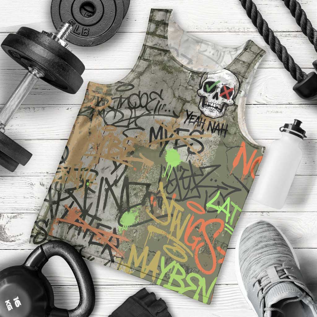Yeah Nah Graffiti Skull New Zealand Slang Men Tank Top Kiwi Grunge Brick Wall and Bold Urban Street Art TS04 - Polynesian Pride