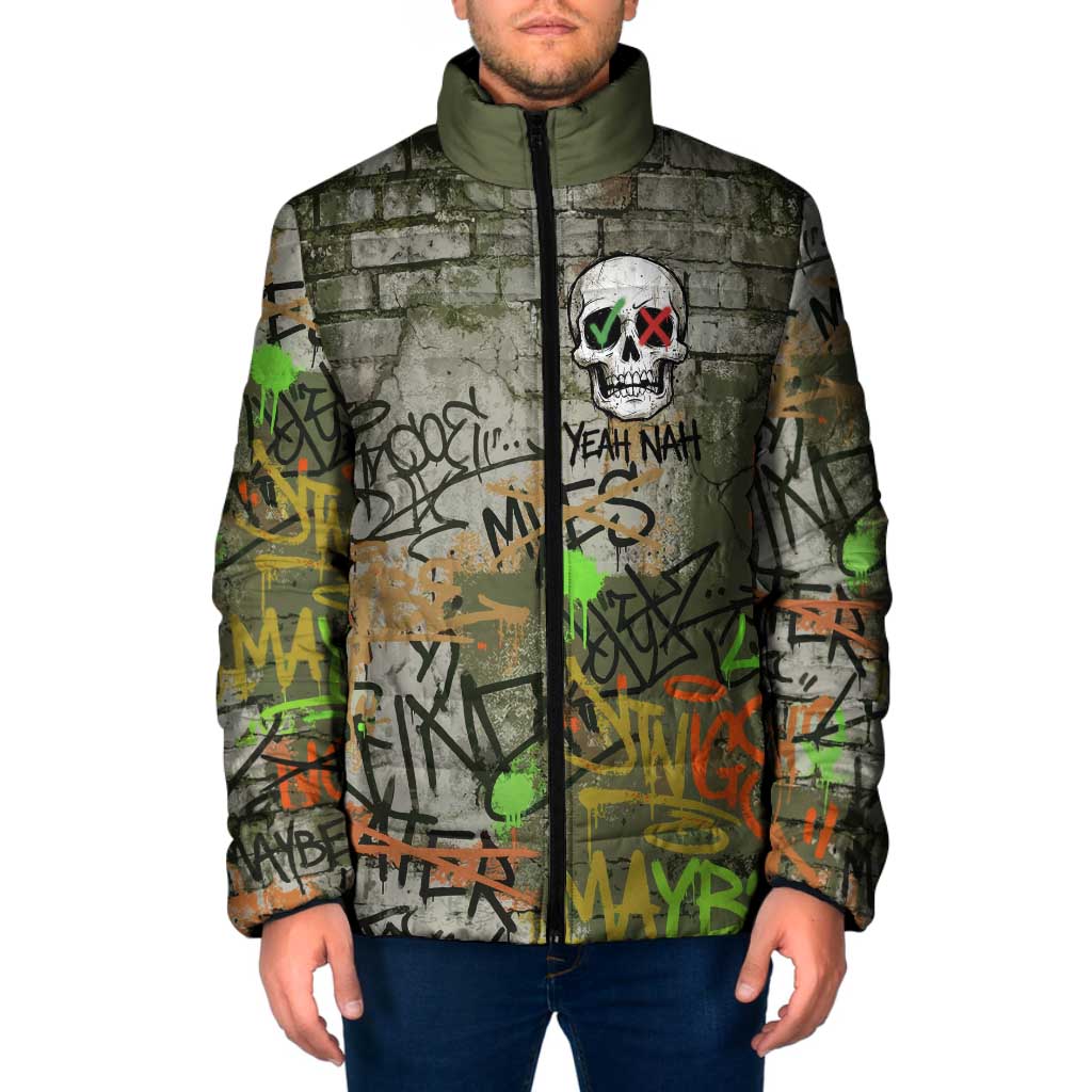 Yeah Nah Graffiti Skull New Zealand Slang Padded Jacket Kiwi Grunge Brick Wall and Bold Urban Street Art