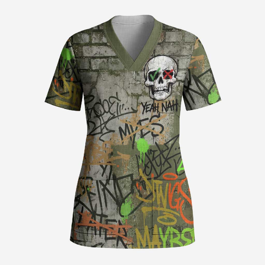Yeah Nah Graffiti Skull New Zealand Slang Scrub Top Kiwi Grunge Brick Wall and Bold Urban Street Art TS04 Adult Multicolor - Polynesian Pride