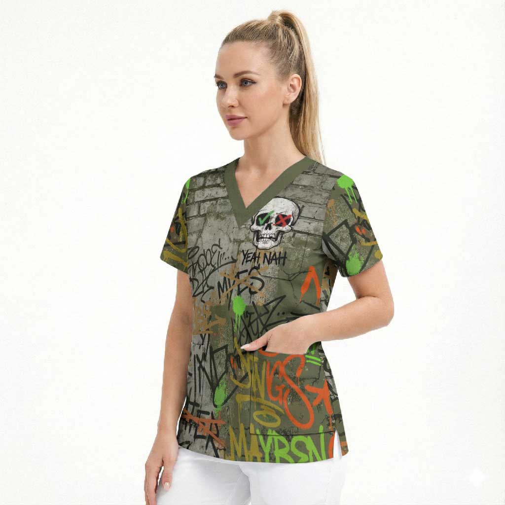 Yeah Nah Graffiti Skull New Zealand Slang Scrub Top Kiwi Grunge Brick Wall and Bold Urban Street Art TS04 - Polynesian Pride