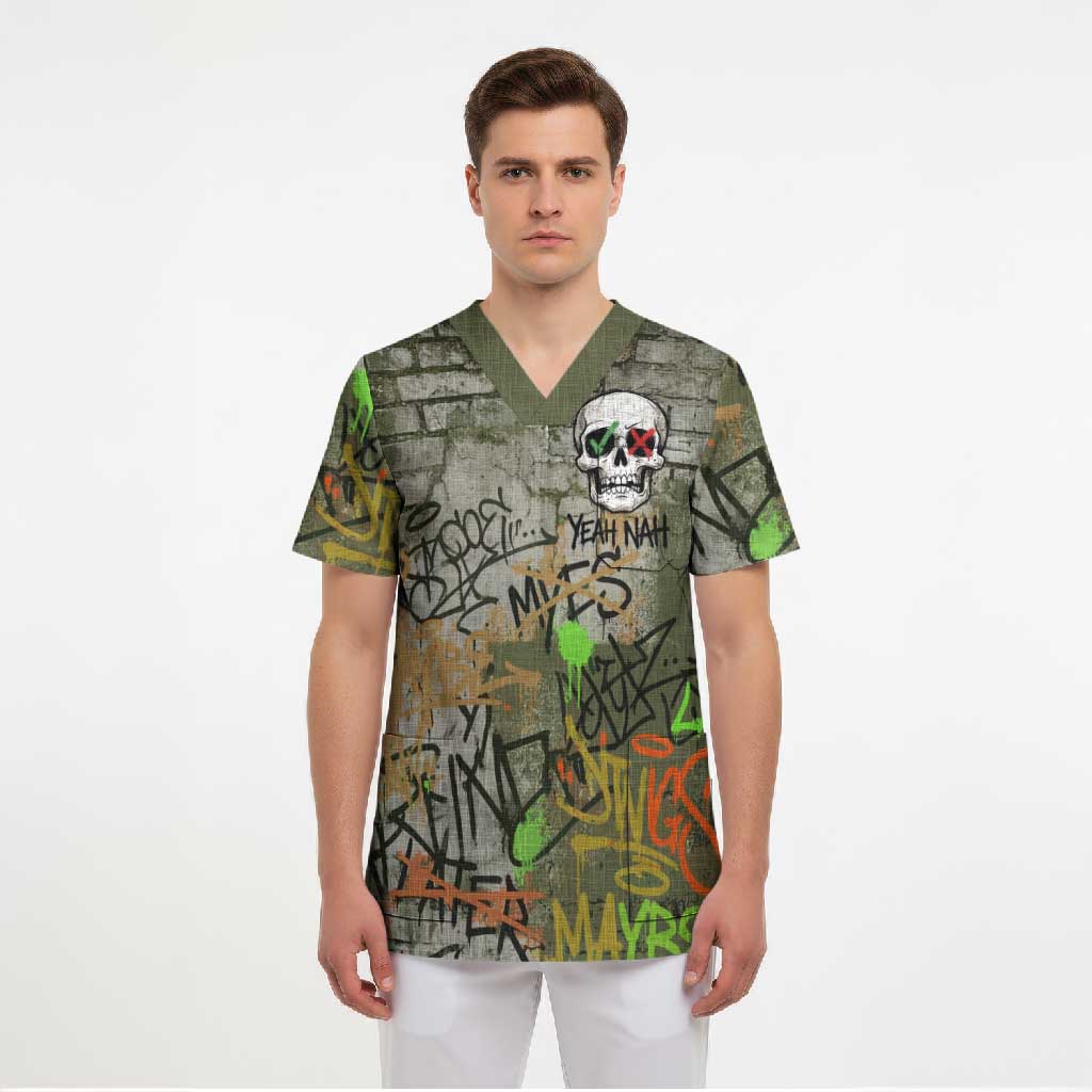 Yeah Nah Graffiti Skull New Zealand Slang Scrub Top Kiwi Grunge Brick Wall and Bold Urban Street Art TS04 - Polynesian Pride