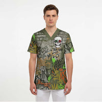 Yeah Nah Graffiti Skull New Zealand Slang Scrub Top Kiwi Grunge Brick Wall and Bold Urban Street Art TS04 - Polynesian Pride