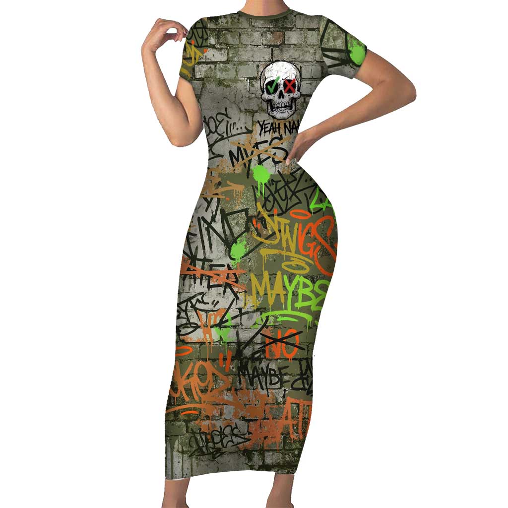 Yeah Nah Graffiti Skull New Zealand Slang Short Sleeve Bodycon Dress Kiwi Grunge Brick Wall and Bold Urban Street Art TS04 Long Dress Multicolor - Polynesian Pride