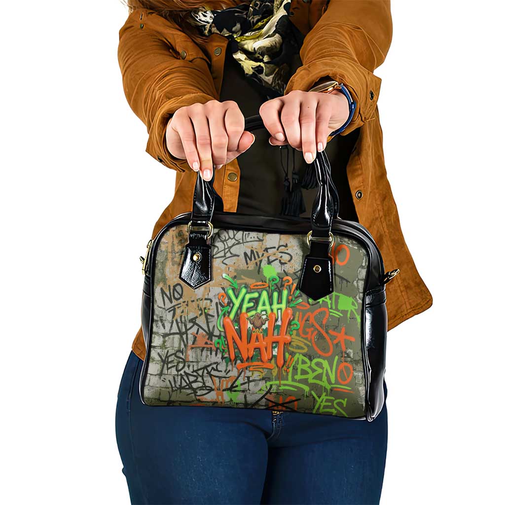 Yeah Nah Graffiti Skull New Zealand Slang Shoulder Handbag Kiwi Grunge Brick Wall and Bold Urban Street Art