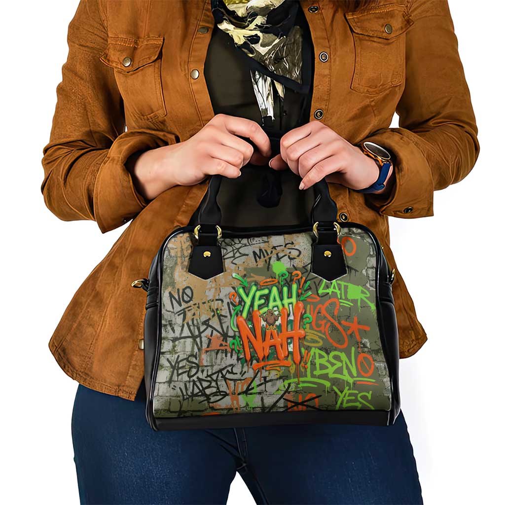 Yeah Nah Graffiti Skull New Zealand Slang Shoulder Handbag Kiwi Grunge Brick Wall and Bold Urban Street Art