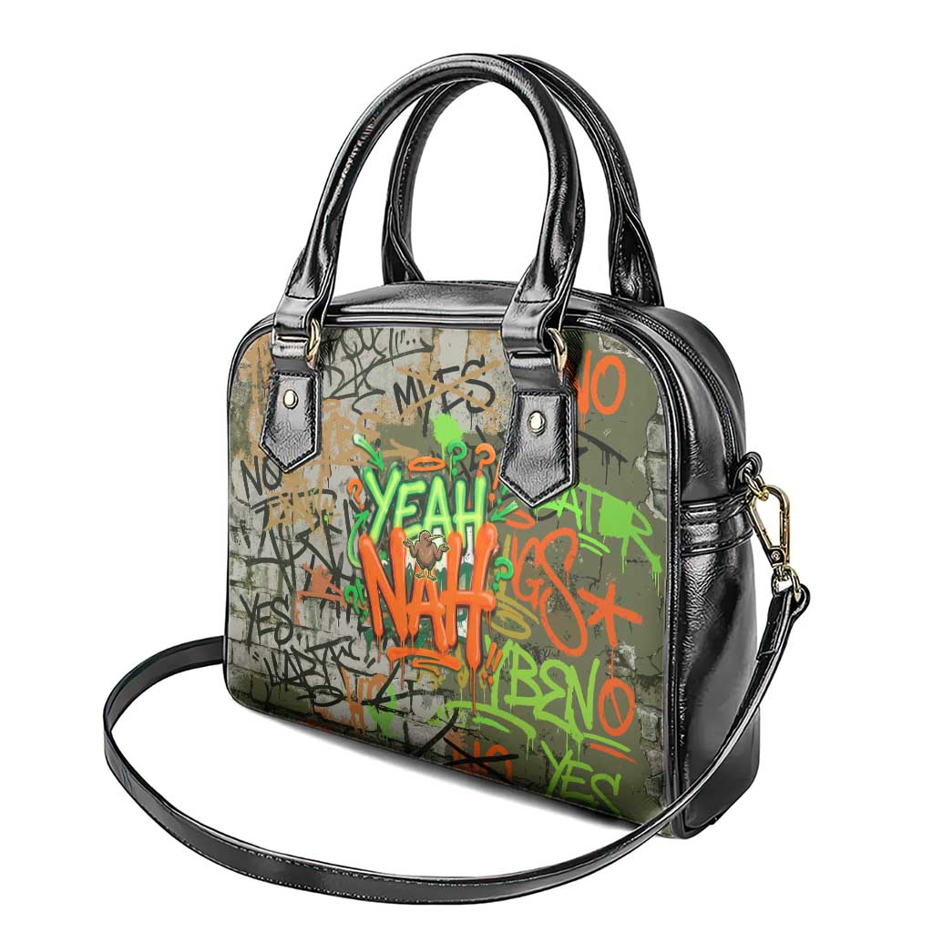 Yeah Nah Graffiti Skull New Zealand Slang Shoulder Handbag Kiwi Grunge Brick Wall and Bold Urban Street Art