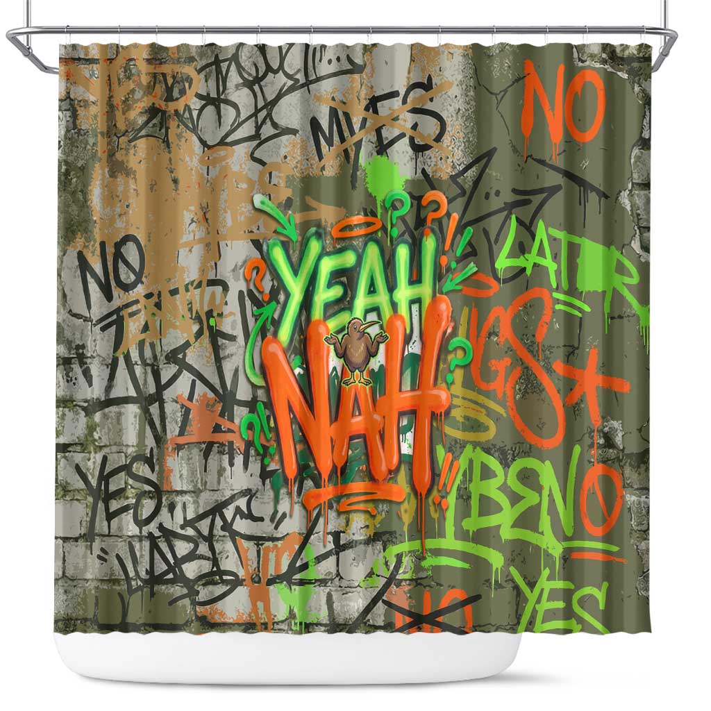 Yeah Nah Graffiti Skull New Zealand Slang Shower Curtain Kiwi Grunge Brick Wall and Bold Urban Street Art TS04 Multicolor - Polynesian Pride
