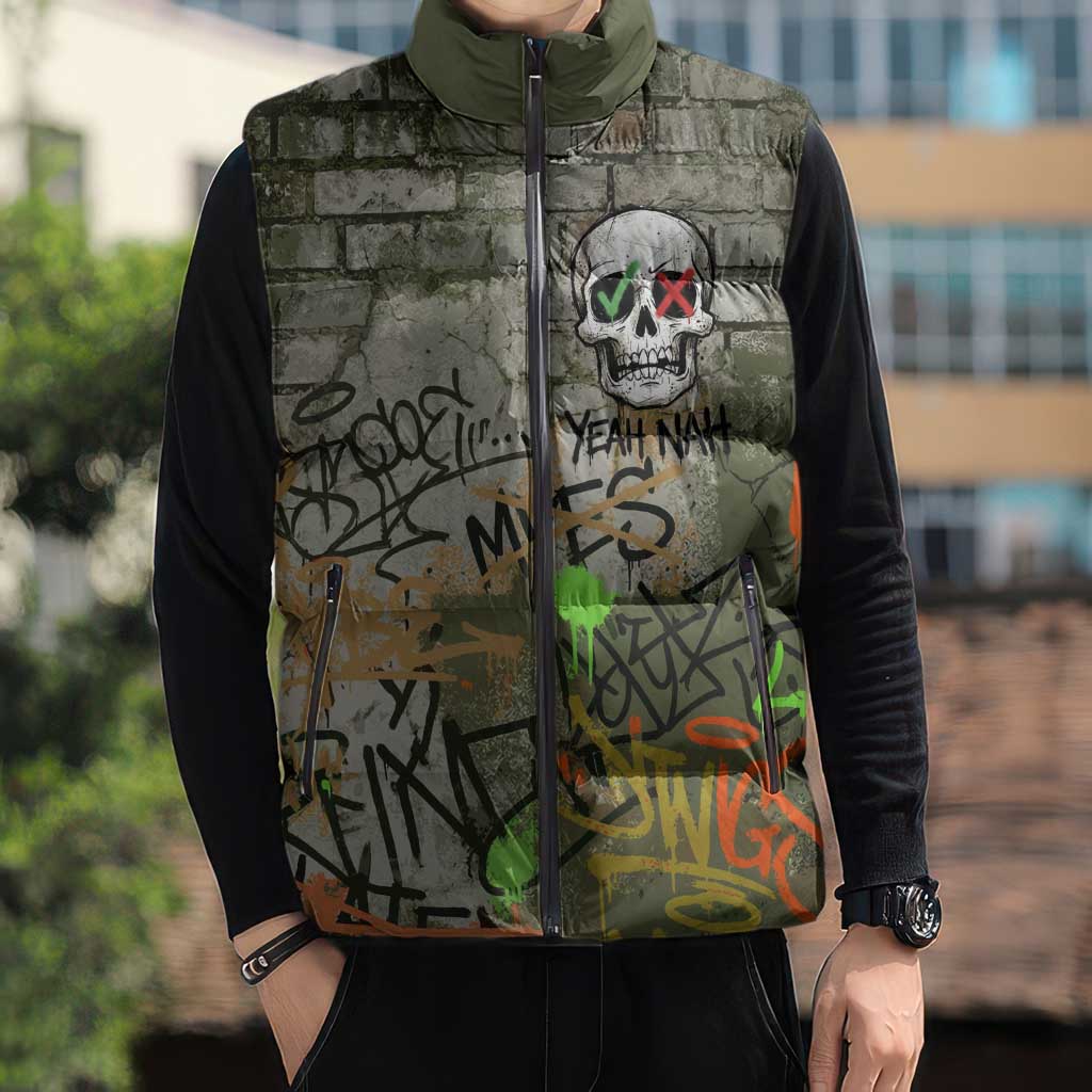 Yeah Nah Graffiti Skull New Zealand Slang Sleeveless Puffer Jacket Kiwi Grunge Brick Wall and Bold Urban Street Art TS04 - Polynesian Pride