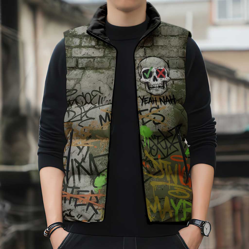 Yeah Nah Graffiti Skull New Zealand Slang Sleeveless Puffer Jacket Kiwi Grunge Brick Wall and Bold Urban Street Art TS04 - Polynesian Pride