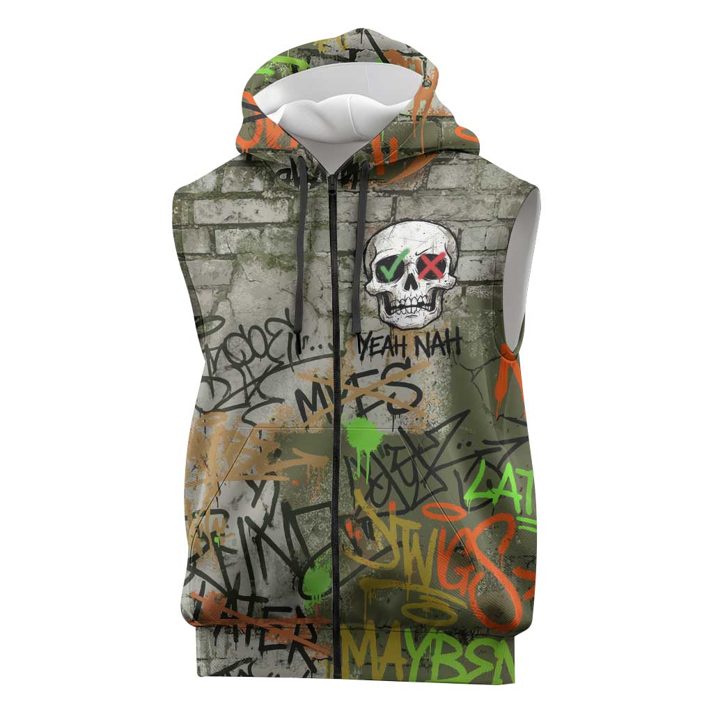 Yeah Nah Graffiti Skull New Zealand Slang Sleeveless Zip Hoodie Kiwi Grunge Brick Wall and Bold Urban Street Art TS04 Multicolor - Polynesian Pride