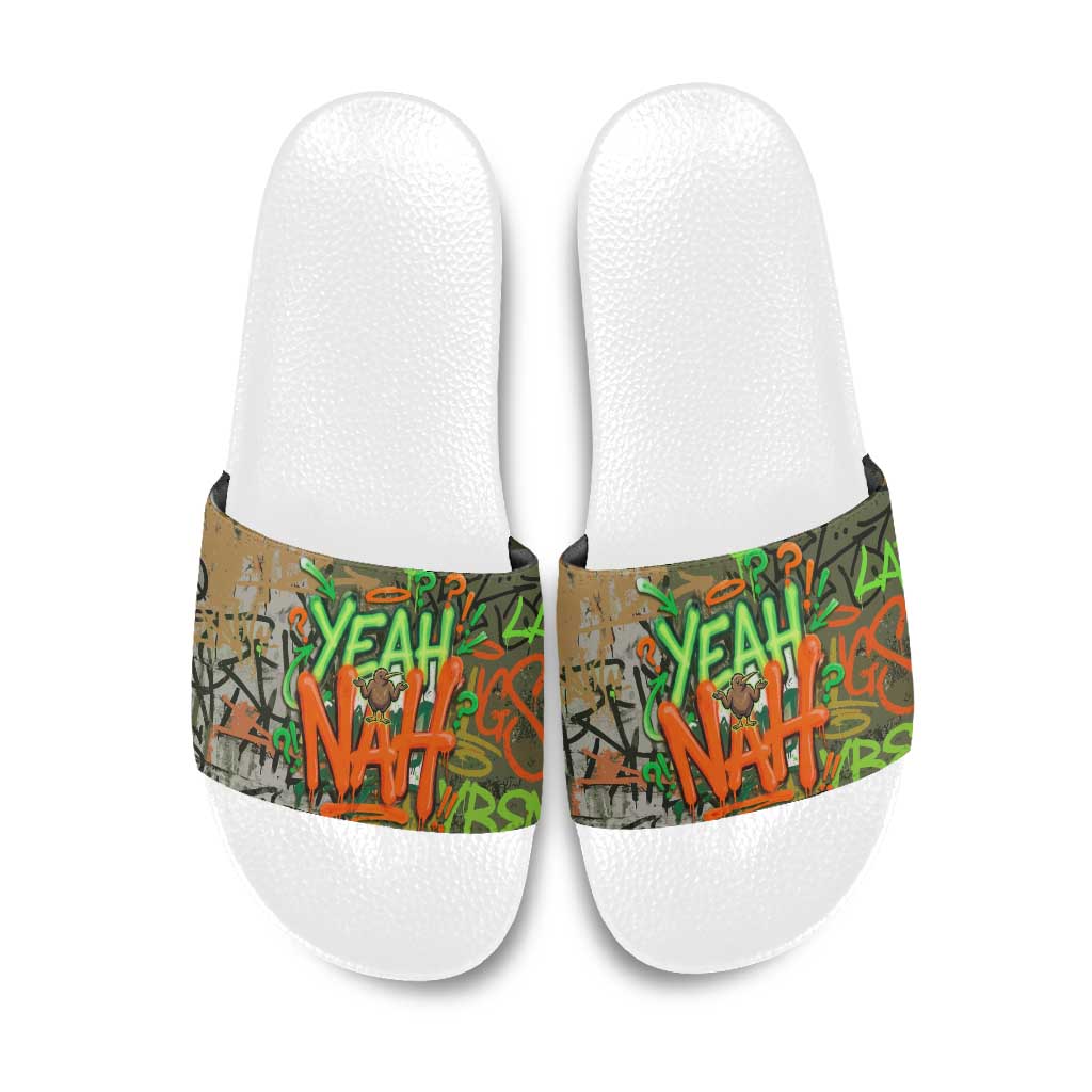 Yeah Nah Graffiti Skull New Zealand Slang Slide Sandals Kiwi Grunge Brick Wall and Bold Urban Street Art TS04 Multicolor - Polynesian Pride