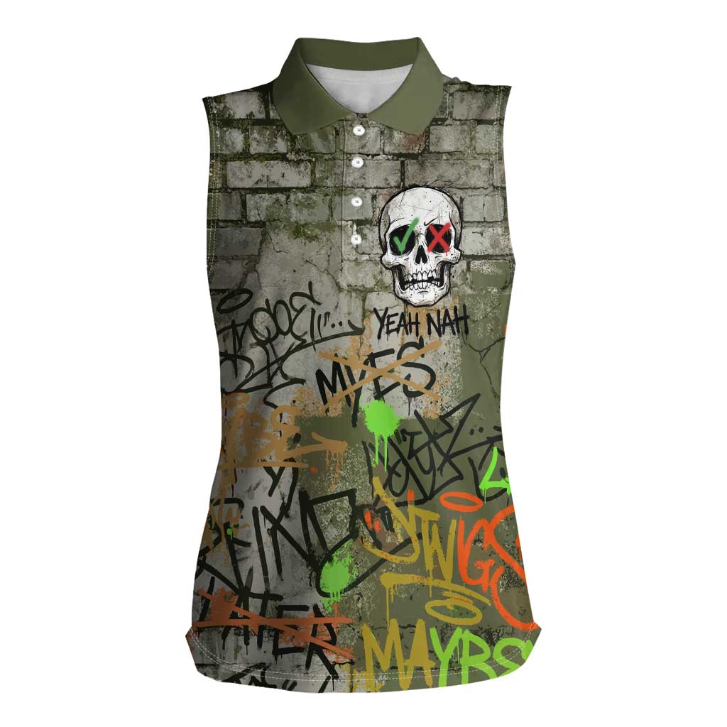 Yeah Nah Graffiti Skull New Zealand Slang Women Sleeveless Polo Shirt Kiwi Grunge Brick Wall and Bold Urban Street Art TS04 Female Multicolor - Polynesian Pride