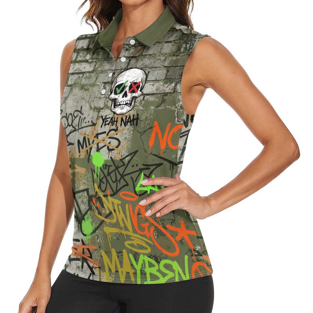 Yeah Nah Graffiti Skull New Zealand Slang Women Sleeveless Polo Shirt Kiwi Grunge Brick Wall and Bold Urban Street Art TS04 - Polynesian Pride