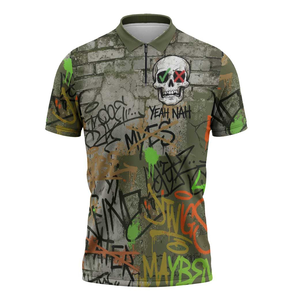 Yeah Nah Graffiti Skull New Zealand Slang Zipper Polo Shirt Kiwi Grunge Brick Wall and Bold Urban Street Art TS04 Multicolor - Polynesian Pride